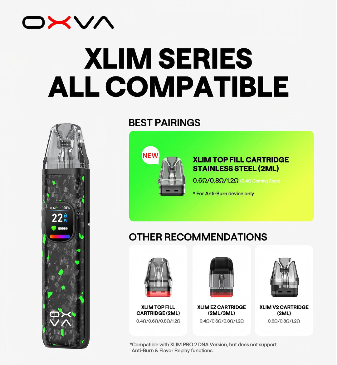 OXVA XLim series vaping device and cartridges on a white background