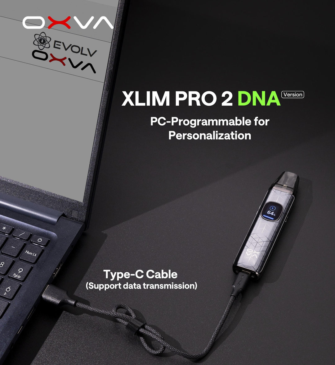 OXVA XLIM PRO 2 DNA device with laptop on a dark background