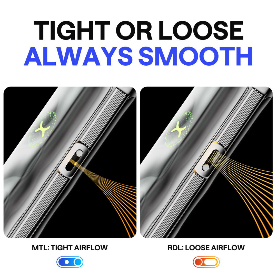 Comparison of tight and loose airflow on a device with text 'Tight or Loose Always Smooth'.