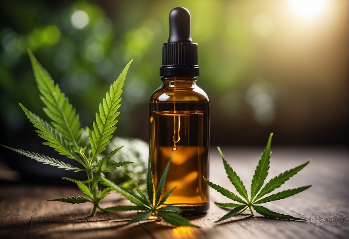 A bottle of CBD oil sits on a wooden table next to a dropper and a green leafy plant