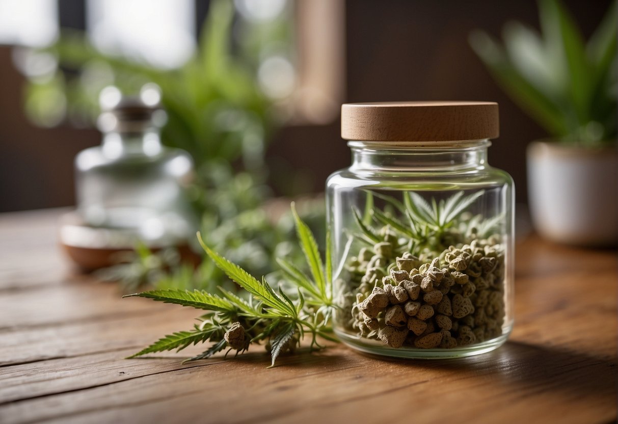 A clear glass jar labeled "CBD isolate" sits next to a bottle labeled "broad spectrum CBD" on a wooden table. The jar and bottle are surrounded by small cannabis leaves and flowers