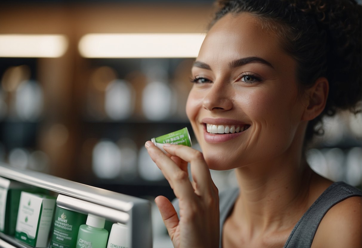 A woman selects a CBD skincare product from a shelf, then applies it to her face. She smiles as her skin appears smoother and more radiant