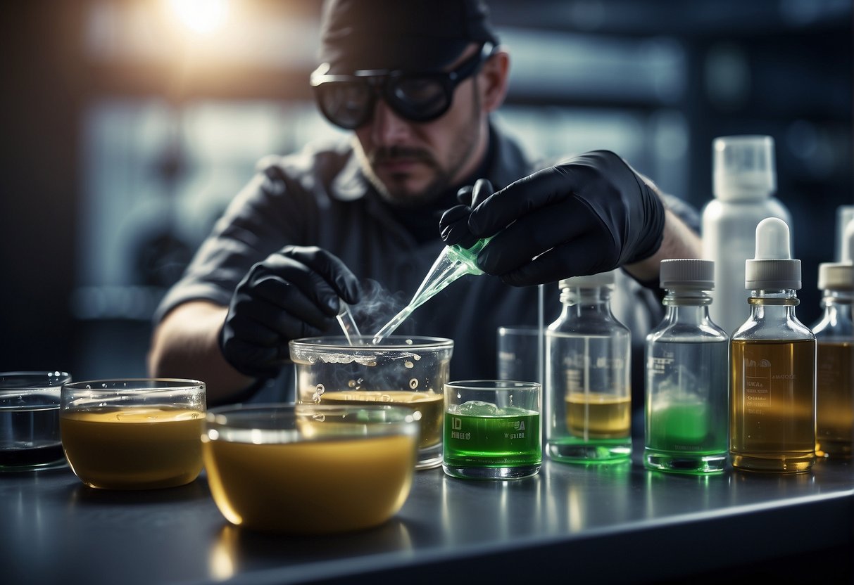 A person carefully measuring and mixing nicotine and e-liquid in a well-ventilated area, wearing protective gloves and goggles