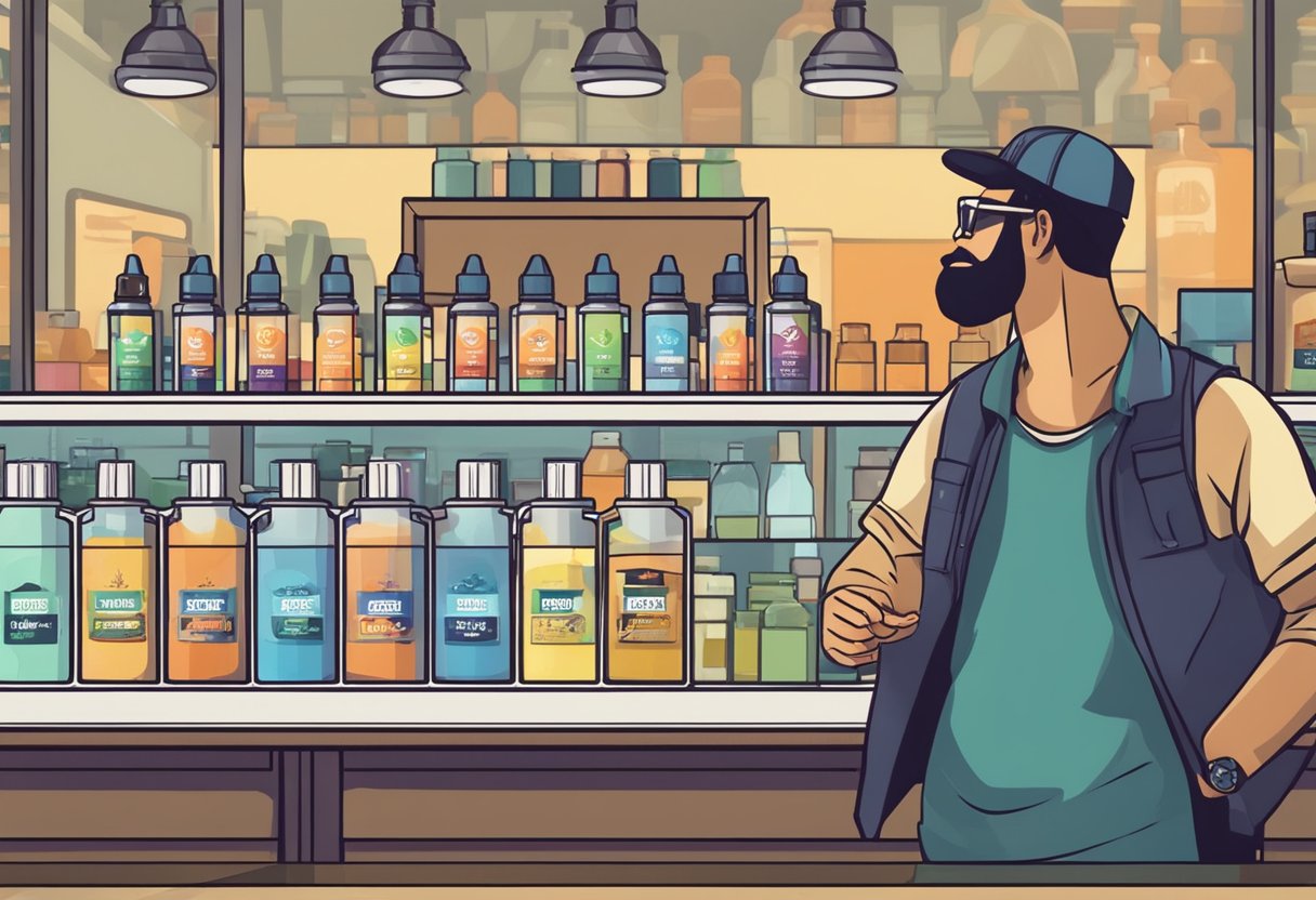 man in vape shop selecting liquid