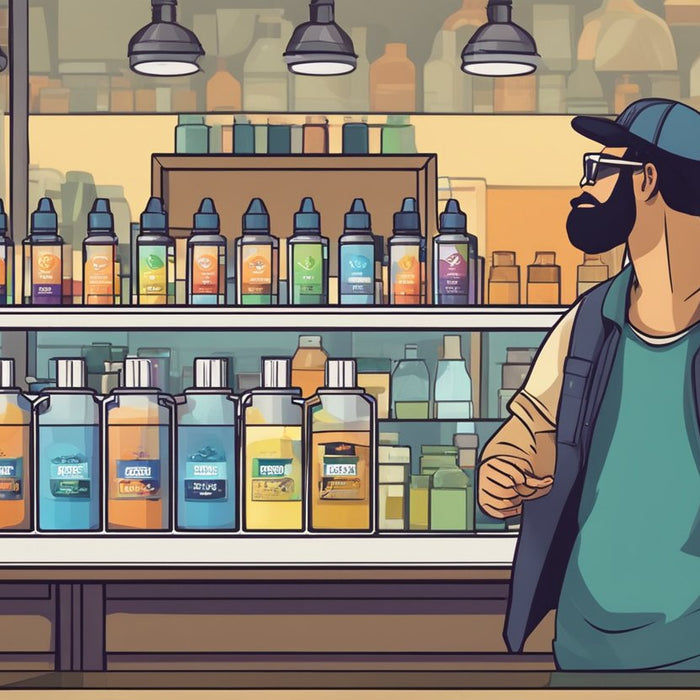 man in vape shop selecting liquid