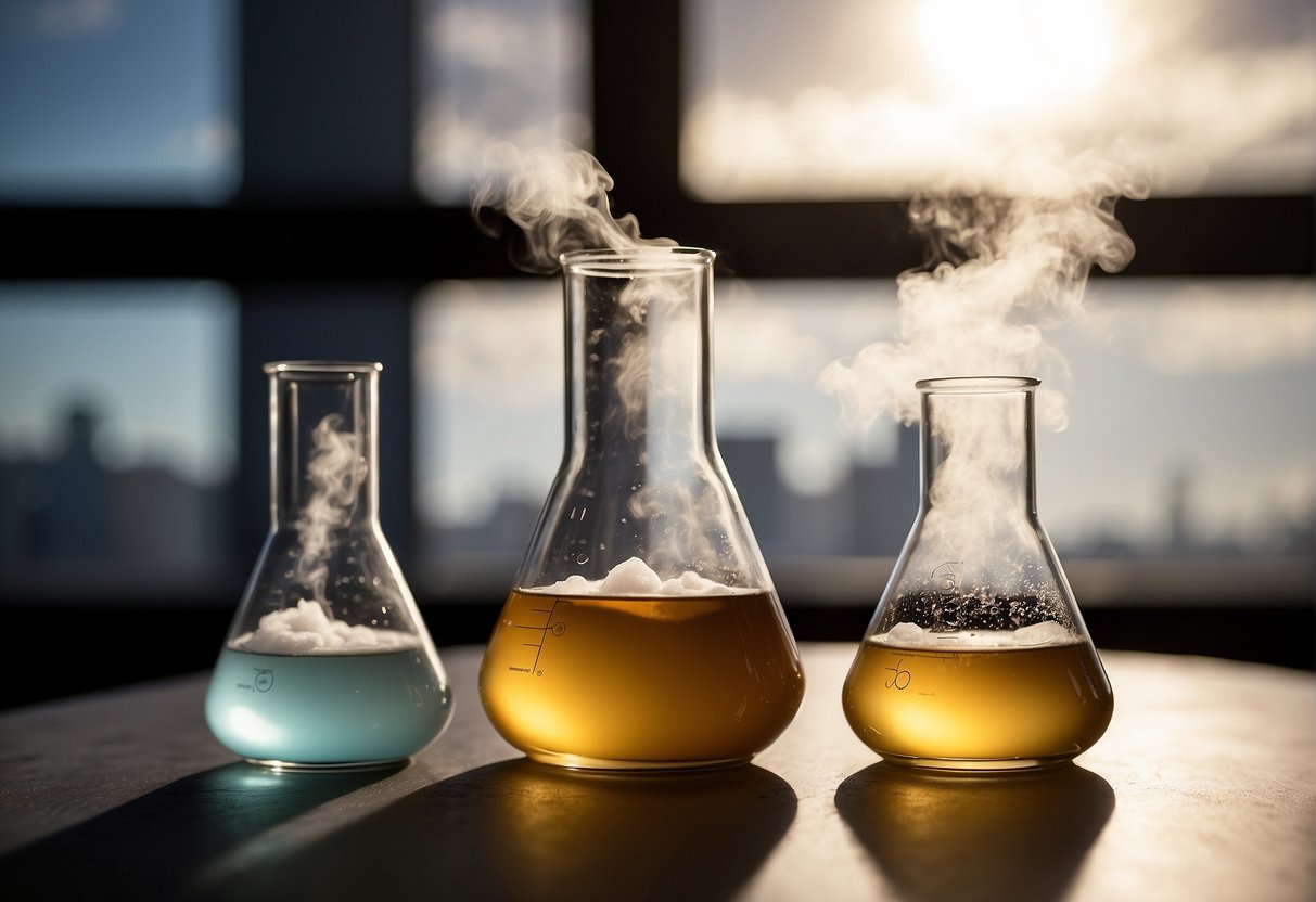 Two beakers, one with freebase nicotine and the other with salt nicotine, sit side by side on a lab table. A cloud of vapor rises from each, illustrating the difference in vaping experience