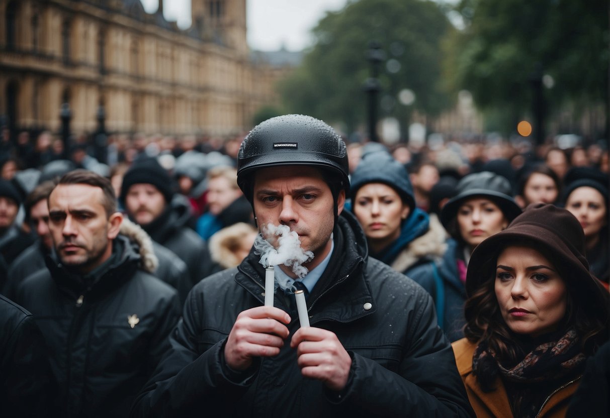 a crowd of people outside parliament protesting the vaping ban
