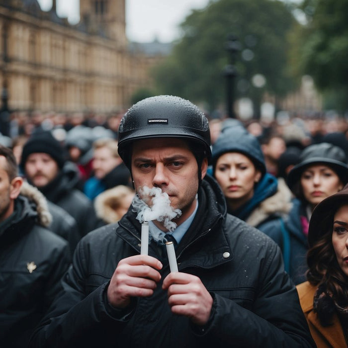 a crowd of people outside parliament protesting the vaping ban