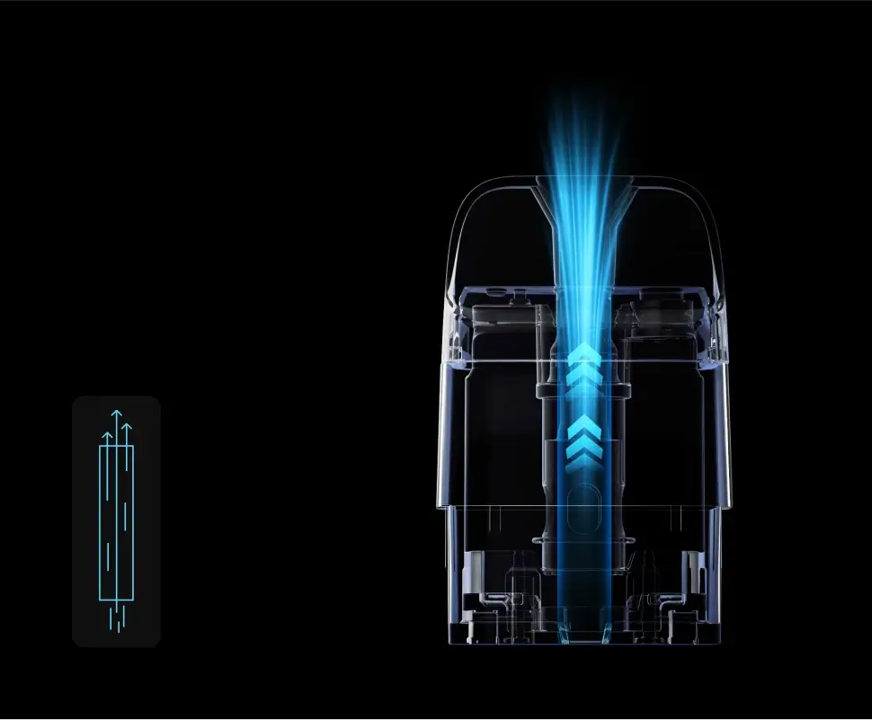 Diagram of a vaporesso corex 3.0 pod with airflow indicated by blue lines on a black background