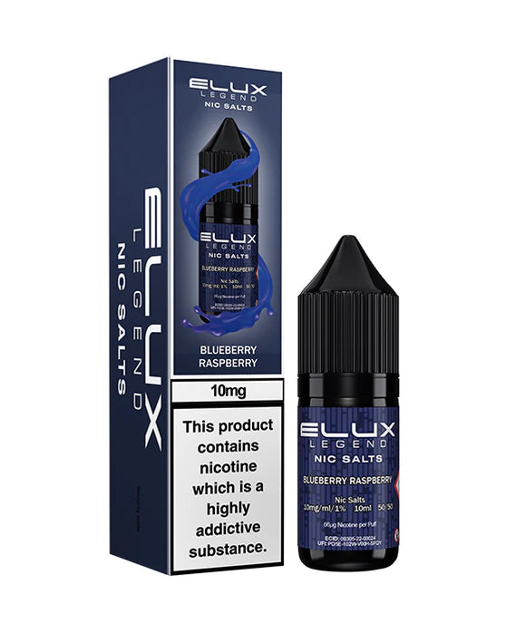 Elux Legend Nic Salts Blueberry Raspberry vape juice bottle and packaging on a white background