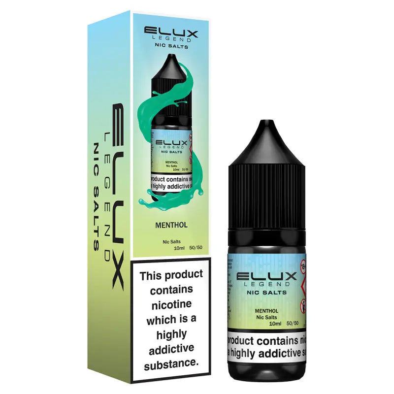 Elux Legend Nic Salts Menthol vape juice bottle and packaging on a white background