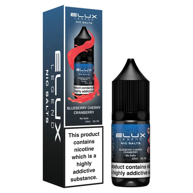 Elux Legend Nic Salts Blueberry Cherry Cranberry e-liquid bottle and packaging on a white background