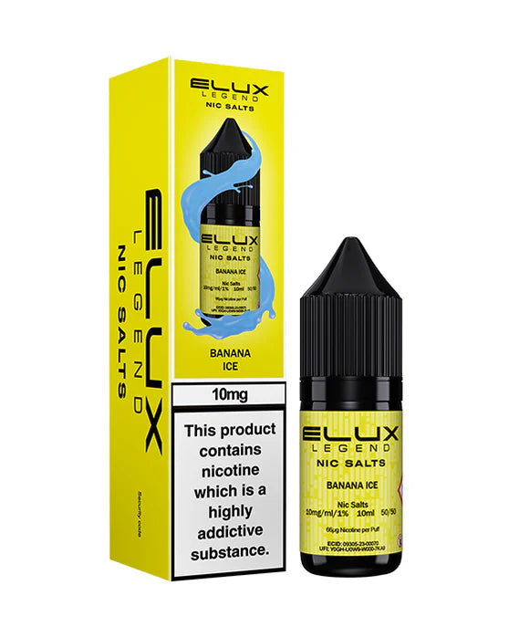 Elux Legend Nic Salts Banana Ice vape juice bottle and packaging on a white background