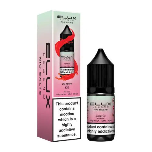 Elux Legend Nic Salts Cherry Ice vape juice bottle and packaging on a white background