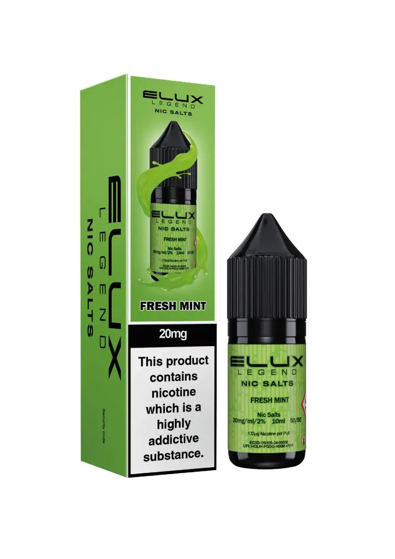 Elux Legend Nic Salts Fresh Mint vape juice packaging and bottle on a white background