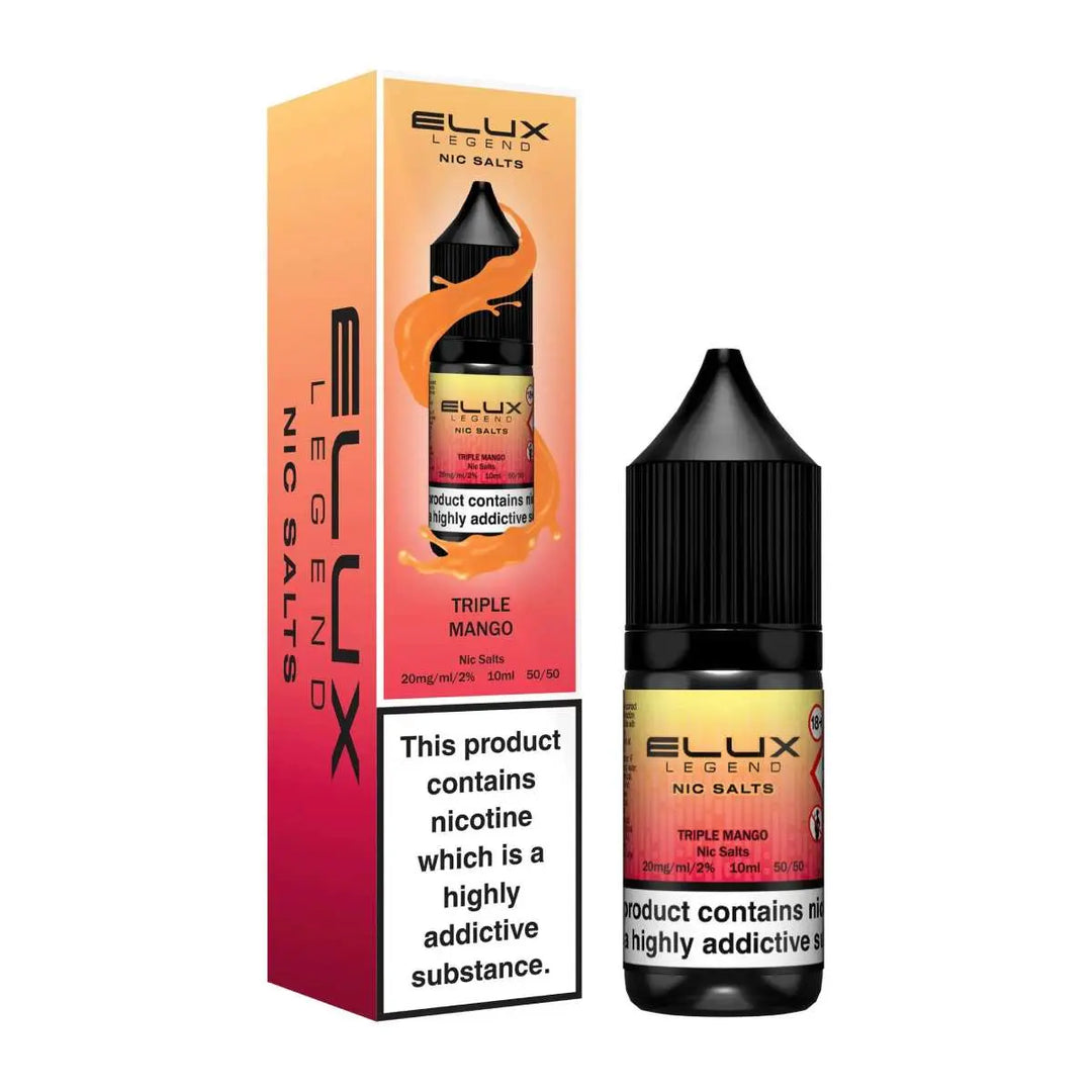 Elux Legend Nic Salts Triple Mango vape juice bottle and packaging on a white background