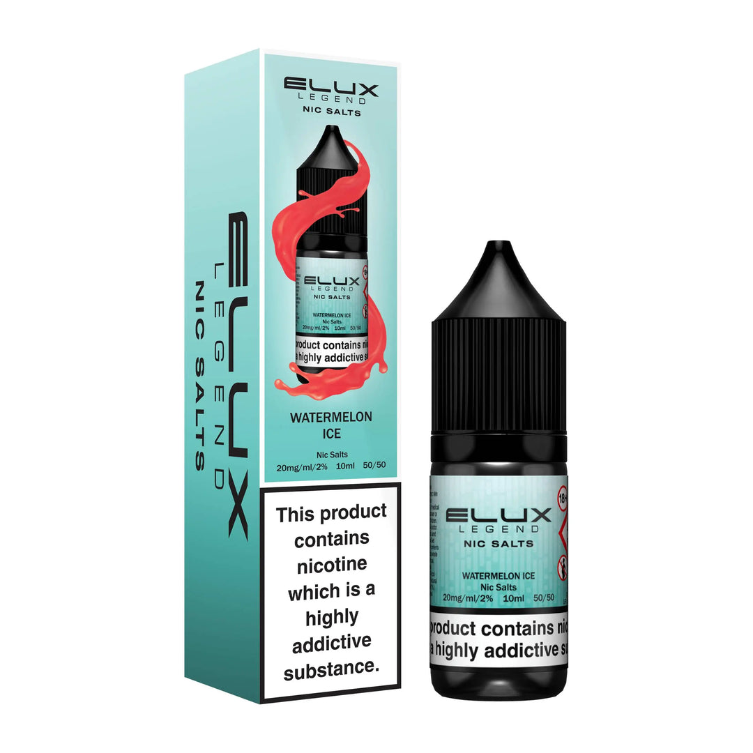 Elux Legend Nic Salts watermelon ice e-liquid bottle and packaging on a white background