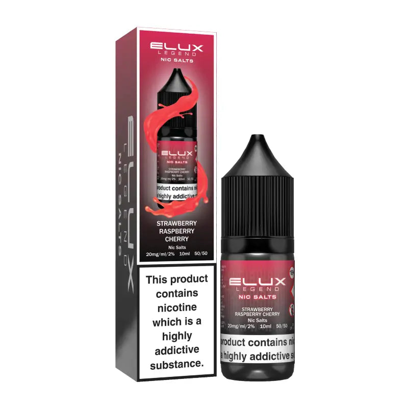 Ellux Legend strawberry raspberry cherry nicotine salt e-liquid bottle and packaging on a white background