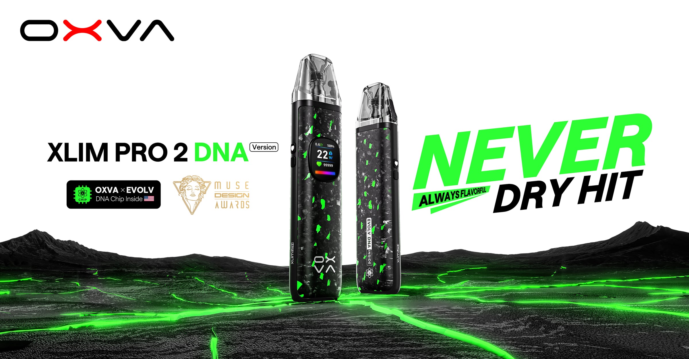 OXVA vaping device with 'Never Dry Hit' text on a white black and green landscape background