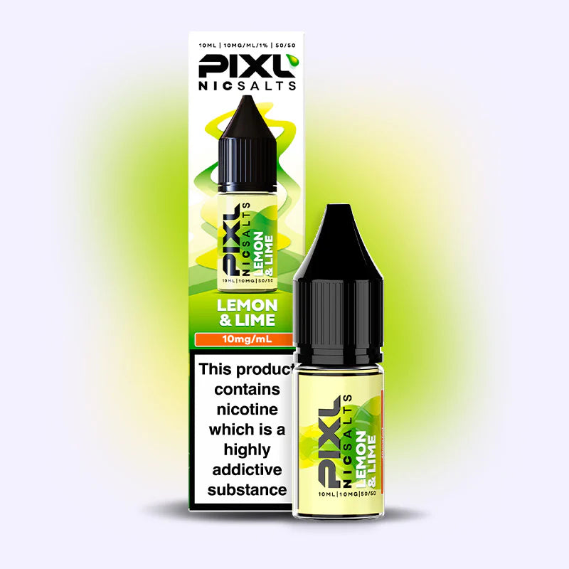 Pixl Nic Salt Lemon & Lime e-liquid bottle next to packaging on a white background