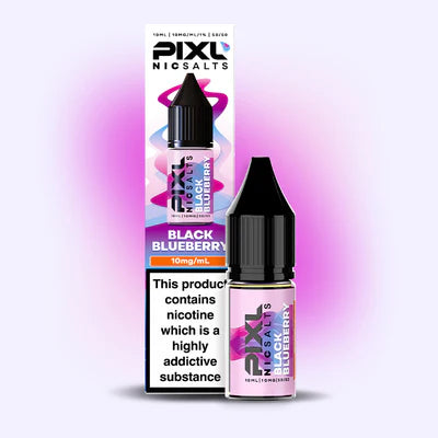 PIXL Black Blueberry nicotine salt packaging on a gradient pink and purple background