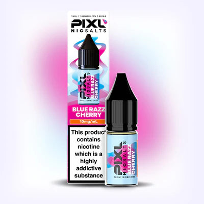 Pixul Blue Razz Cherry nicotine salt e-liquid bottle & packaging on a white background