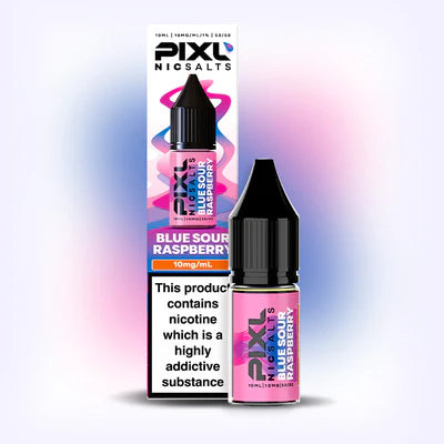 Pixl Blue Sour Raspberry nicotine salt e-liquid bottle & packaging on a gradient background