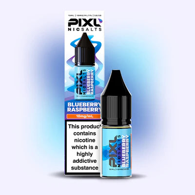 Pixl Blueberry Raspberry nicotine salt e-liquid bottle & packaging on a gradient background