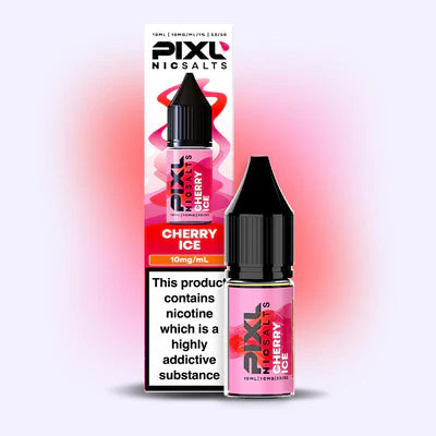 Pixl Cherry Ice nicotine salt e-liquid bottle & packaging on a gradient pink and white background