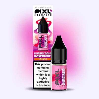 PIXL Cherry Sour Raspberry nicotine salt e-liquid bottle packaging on a pink and white gradient background