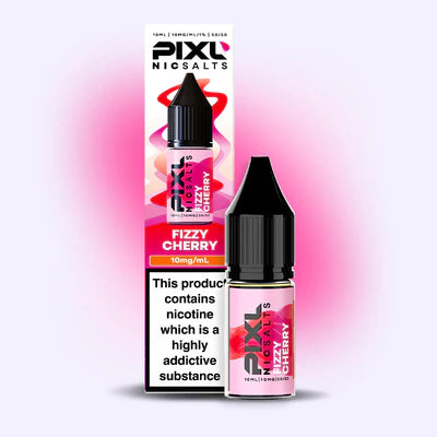 PIXL Fizzy Cherry nicotine salt e-liquid packaging on a pink gradient background