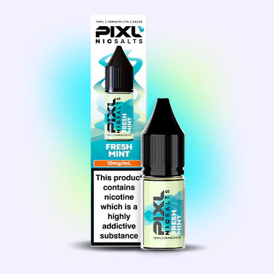 Pixl Nic Salts Fresh Mint vape juice bottle & packaging on a gradient background