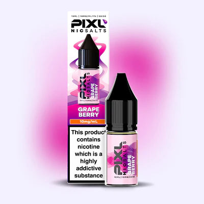 Pixl Grape Berry nicotine salt e-liquid bottle and packaging on a light pink background