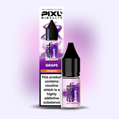 Pixl NicS alts Grape flavour e-liquid bottle and packaging on a light purple background
