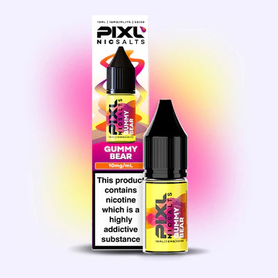 Pixl Gummy Bear nicotine salt e-liquid bottle & packaging with colourful gradient background