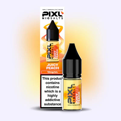 Pixl Nic Salts Juicy Peach e-liquid bottle and packaging on a gradient background