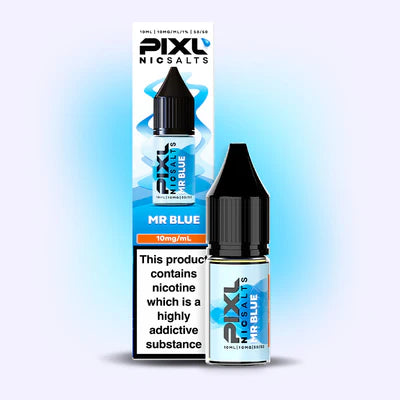 Pixl Nic Salts MR Blue vape juice bottle and packaging on a gradient background