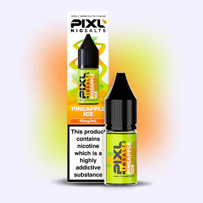 Pixl Pineapple Ice nicotine salt e-liquid bottle & packaging and bottle on a white background