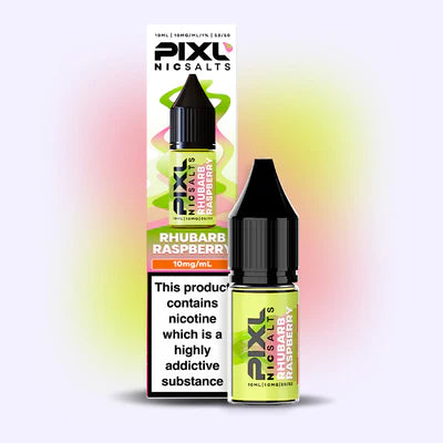 Pixl Nic Salts Rhubarb Raspberry e-liquid bottle with packaging on a gradient background