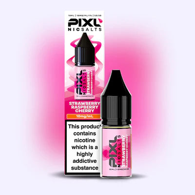 PIXL Strawberry Raspberry nic salt e-liquid bottle and packaging on a pink gradient background