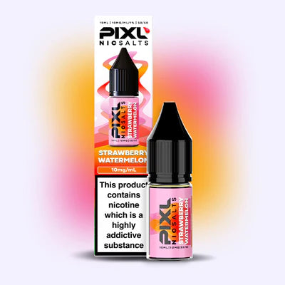 Pixl Strawberry Watermelon e-liquid bottle and packaging on a colourful gradient background