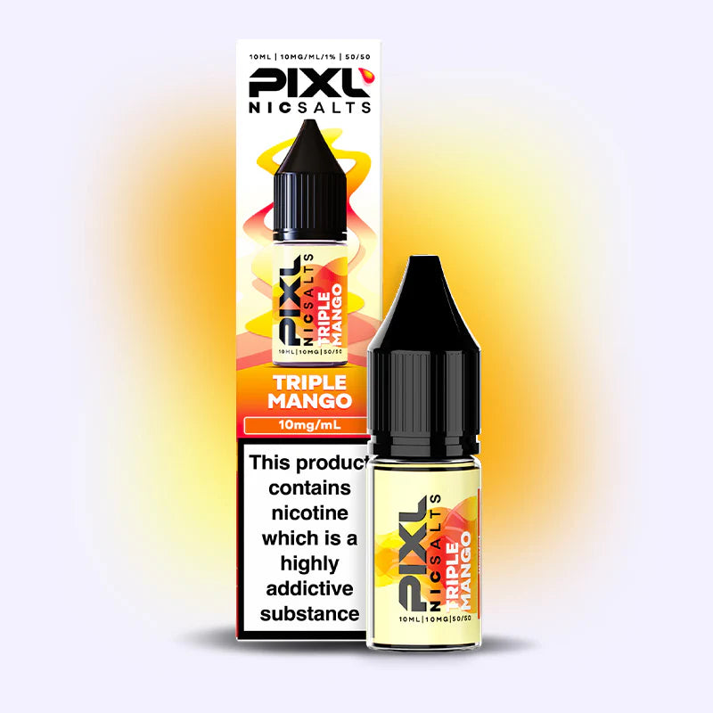 PIXL nic salts Triple Mango vape juice bottle and packaging on a gradient background