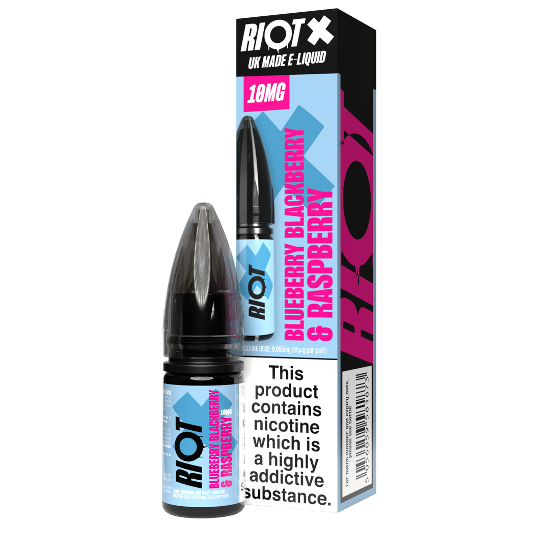 Riot e-liquid bottle and packaging with blue and pink design on a white background