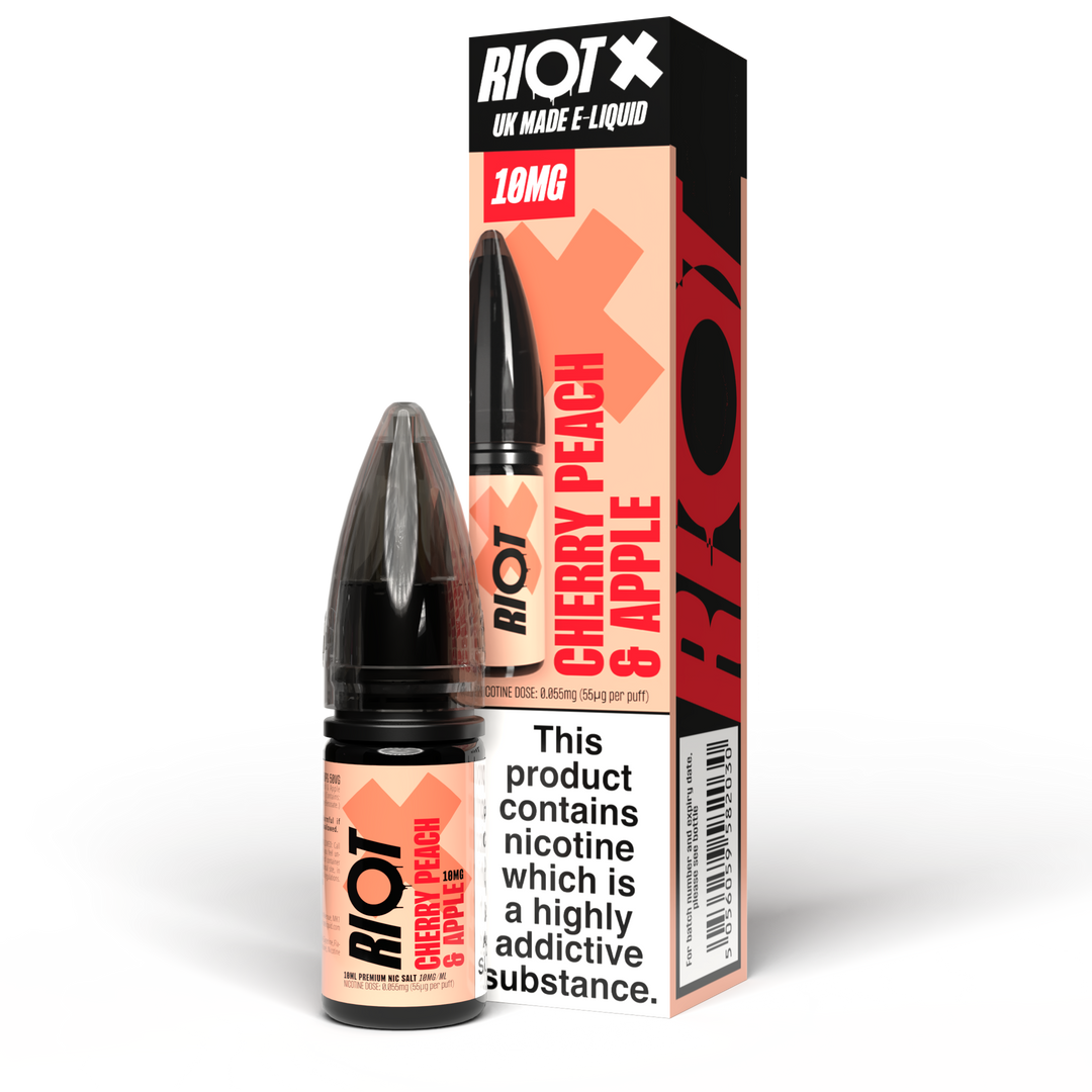 Riot cherry peach & apple e-liquid bottle and packaging on a white background
