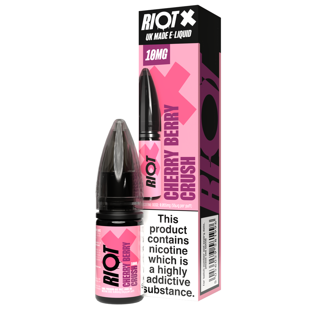 Riot Cherry Berry Crush e-liquid bottle and packaging on a white background