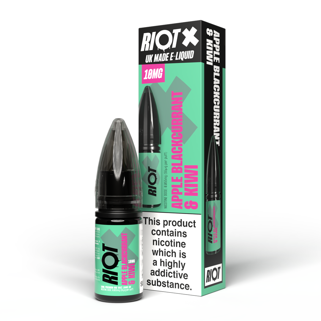 RIOT e-liquid bottle and packaging on a white background