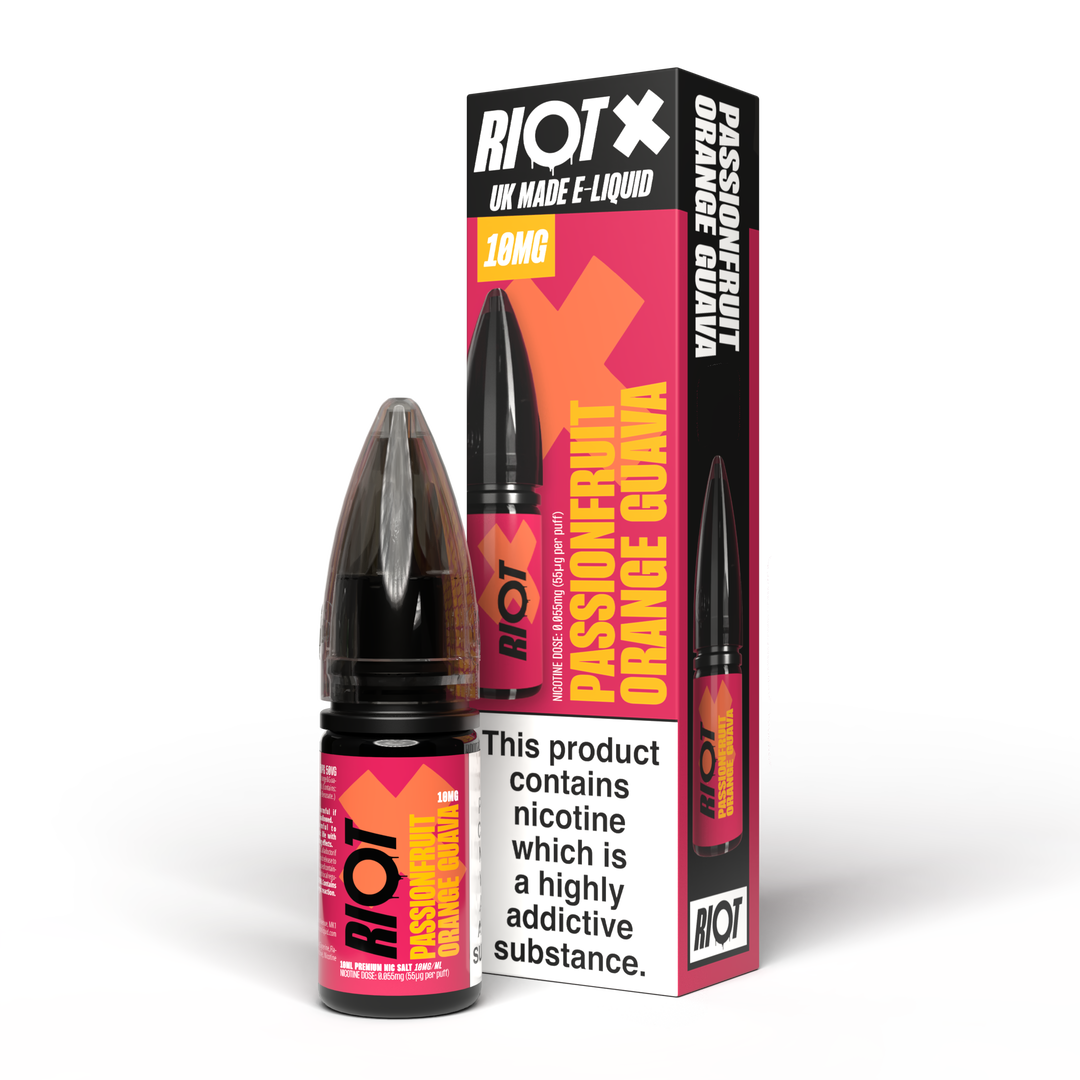 Riot X e-liquid bottle and packaging on a white background