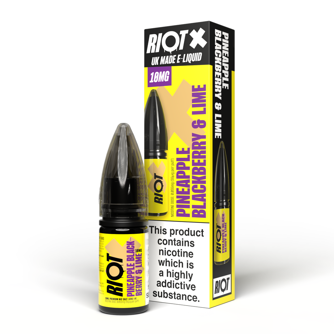 Riot X Pineapple Blackberry & Lime e-liquid bottle and packaging on a white background