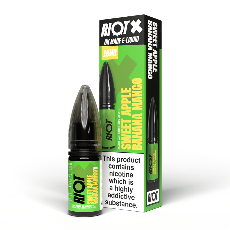 Riot e-liquid bottle and packaging on a white background