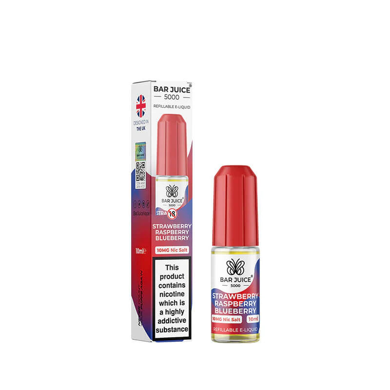 Bar Juice 5000 Strawberry Raspberry Blueberry e-liquid bottle and packaging on a white background